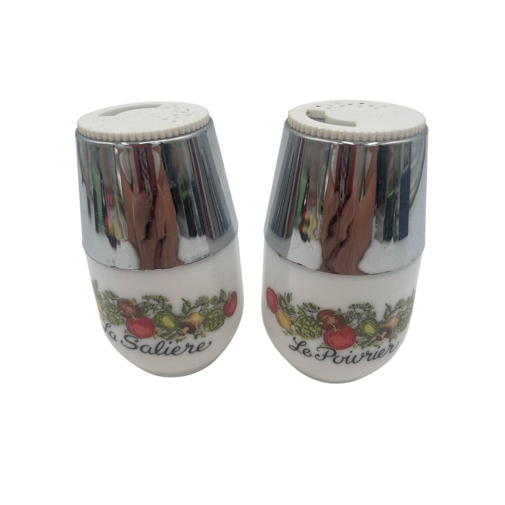 Vintage Gemco Salt Pepper Shakers Le Salière Le Poivrier Milk Glass Chrome Tops